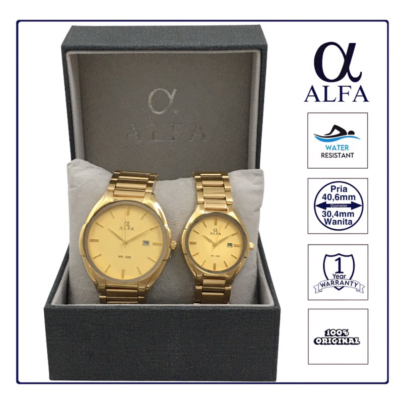 ALFA Jam Tangan Couple Tahan Air 88803 Warna Gold Original