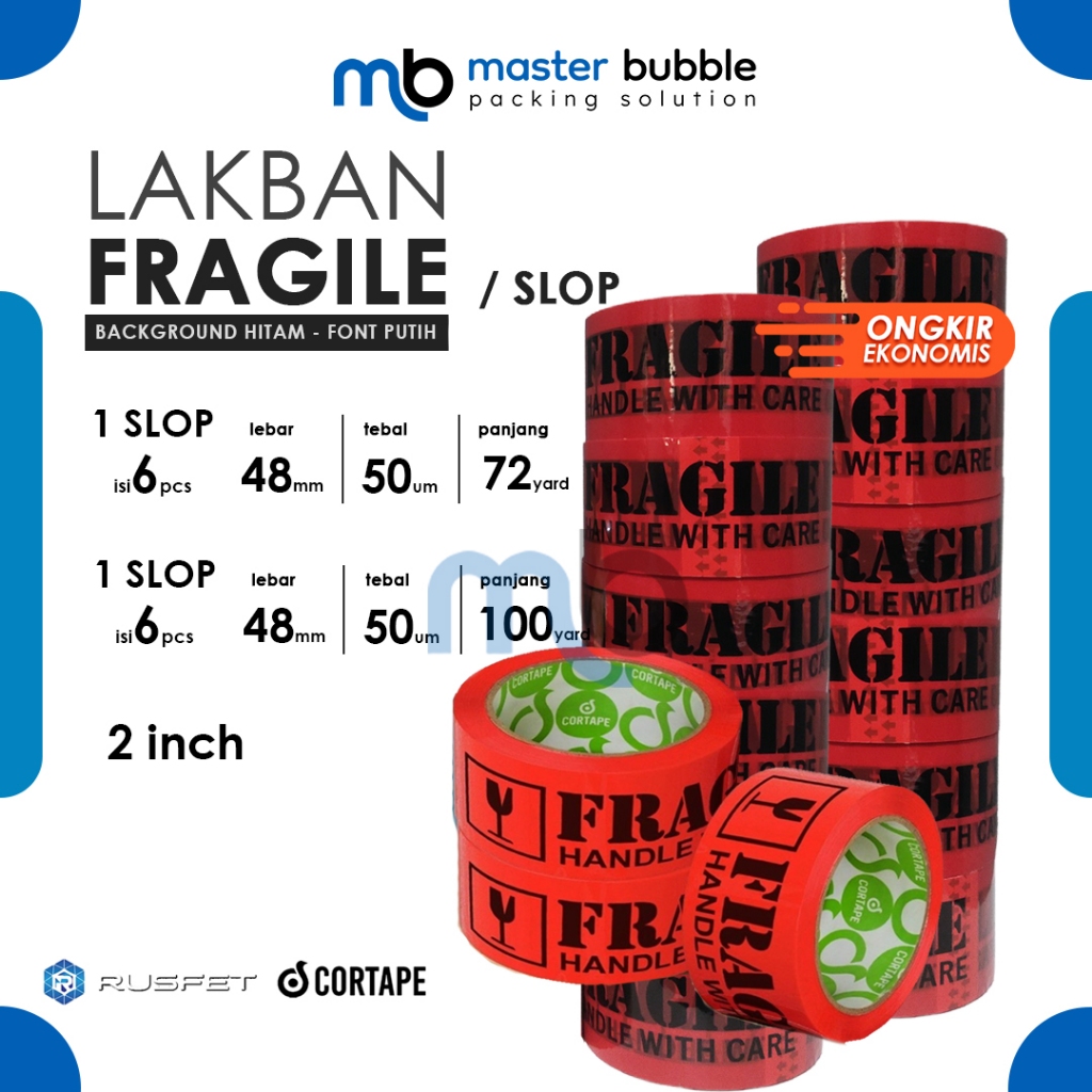 Lakban Fragile Merah Hitam Cortape 2inch 48mm Harga Per Slop Ekonomis Murah