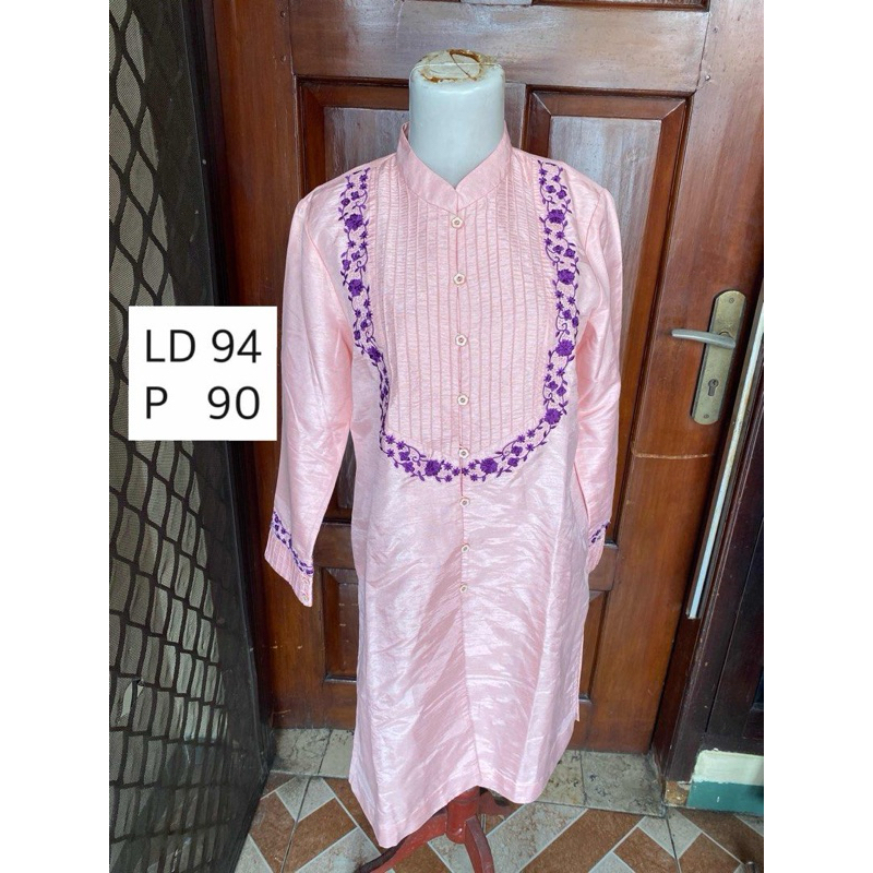 Atasan Wanita Tunik Baju Muslimah Kerah Shanghai Pink Bordir Ungu Manis - preloved