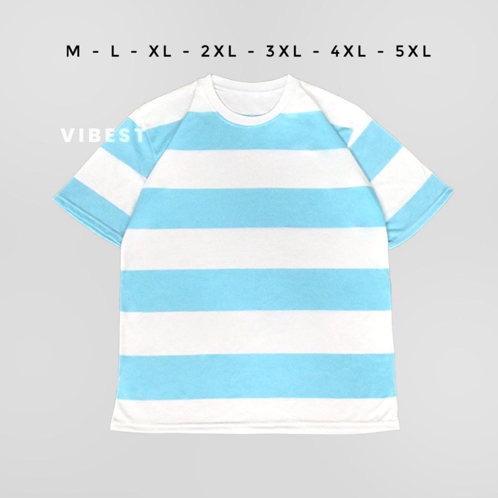 Baju Kaos Salur Dewasa Jumbo Pria Wanita Baju Stripe - Biru Putih