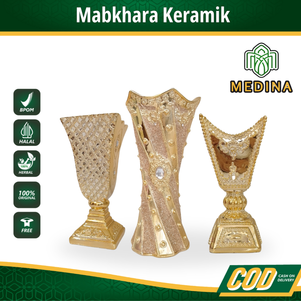 Mabkhara Arab Set Tempat Bakar Dupa Mabkharah Bukhur Arab Keramik Logam Emas Antik