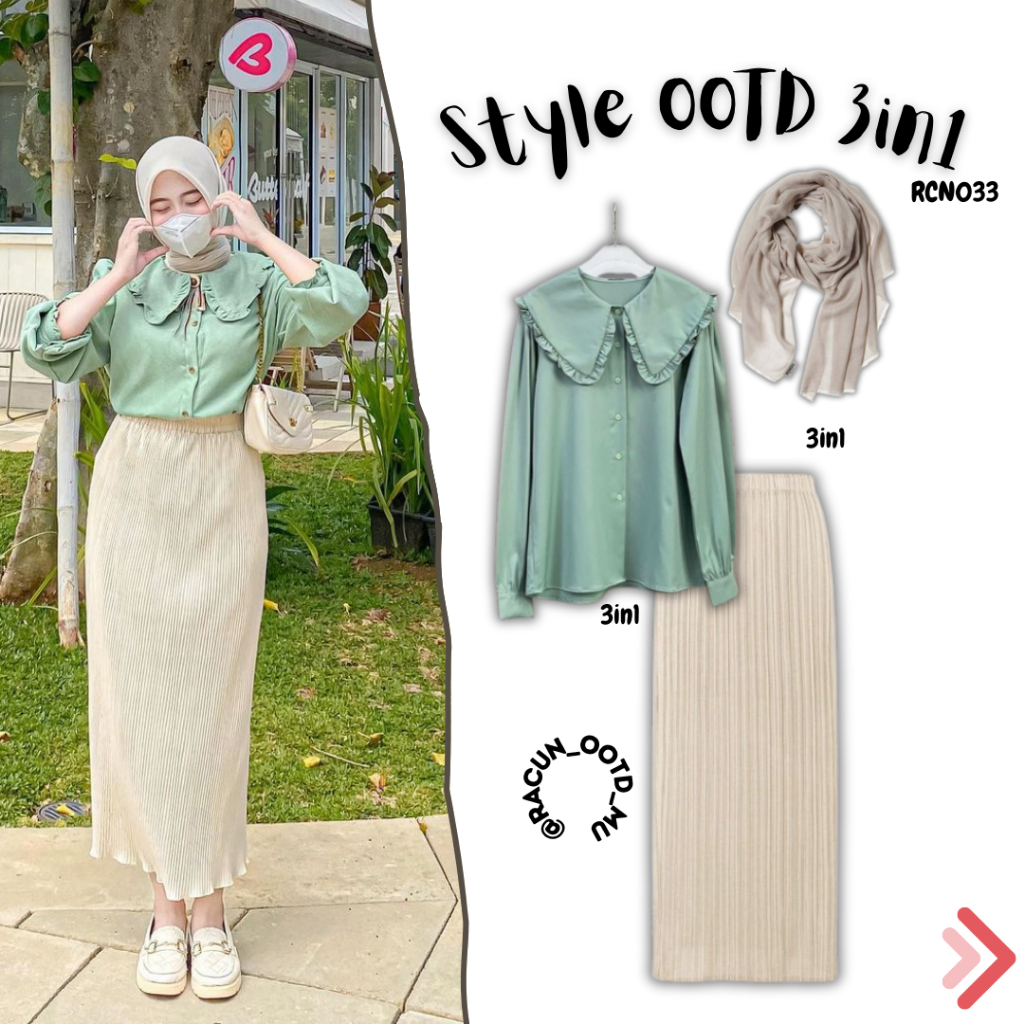 OOTD One Set 3in1 Kekinian Wanita Kemeja Korea Rempel | Rok Span Plisket Hijab Segi 4 Paris Premium