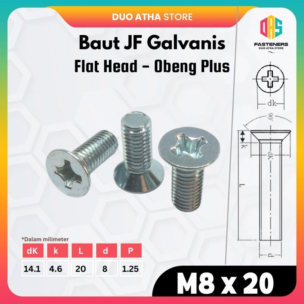 JF M8x20 Baut JF Flat Head Baut JF M8 x 20 Obeng Plus
