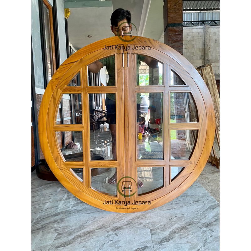 Kusen Jendela Bundar 120cm 12x6cm Kayu Jati Solid Buka Pintu 2 Finishing Mewah Free Ongkir Jawa & Ba