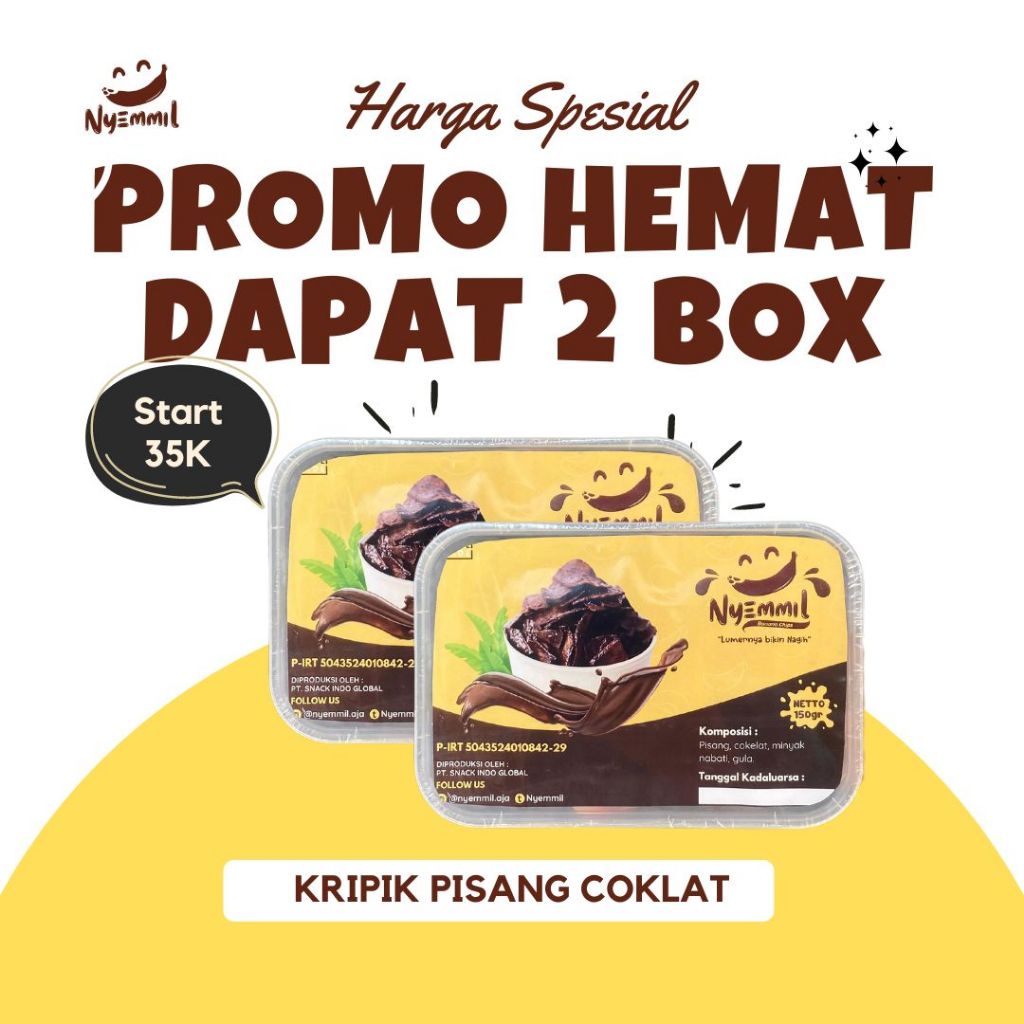

Nyemmil Kripik Pisang Coklat lumer kemasan 150g dapat 2 box