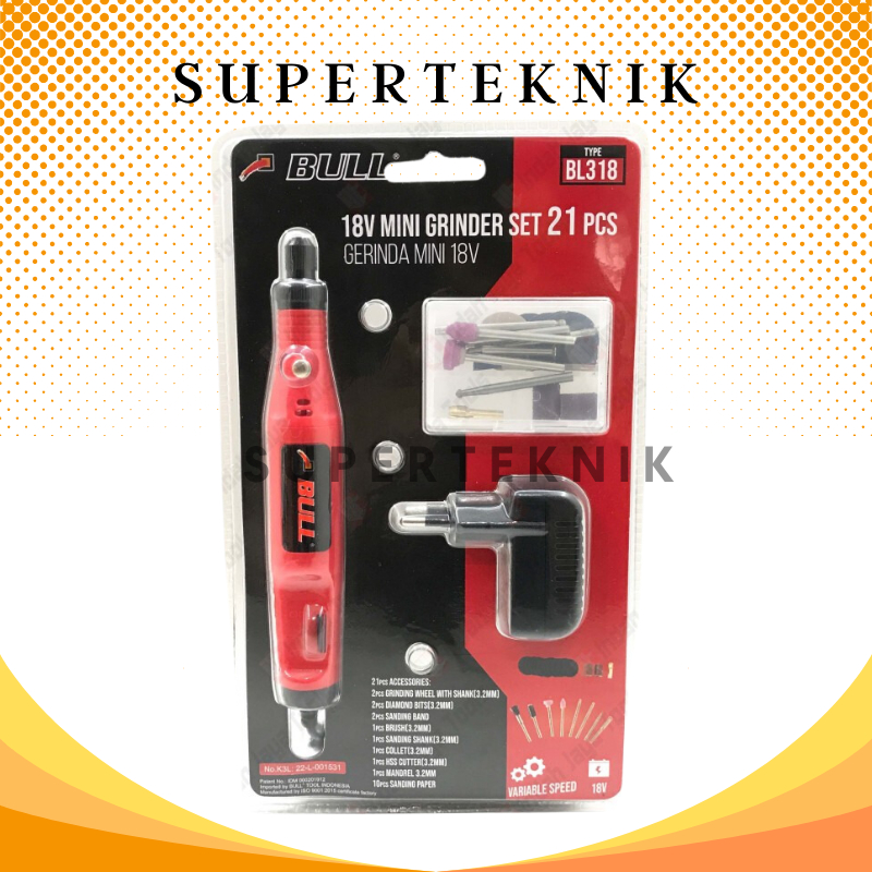 Mini Die Grinder Set 21 Pcs Gerinda Bor Tuner Mini BULL BL318 BLISTER / BULL BL318 BLISTER Mini Die 