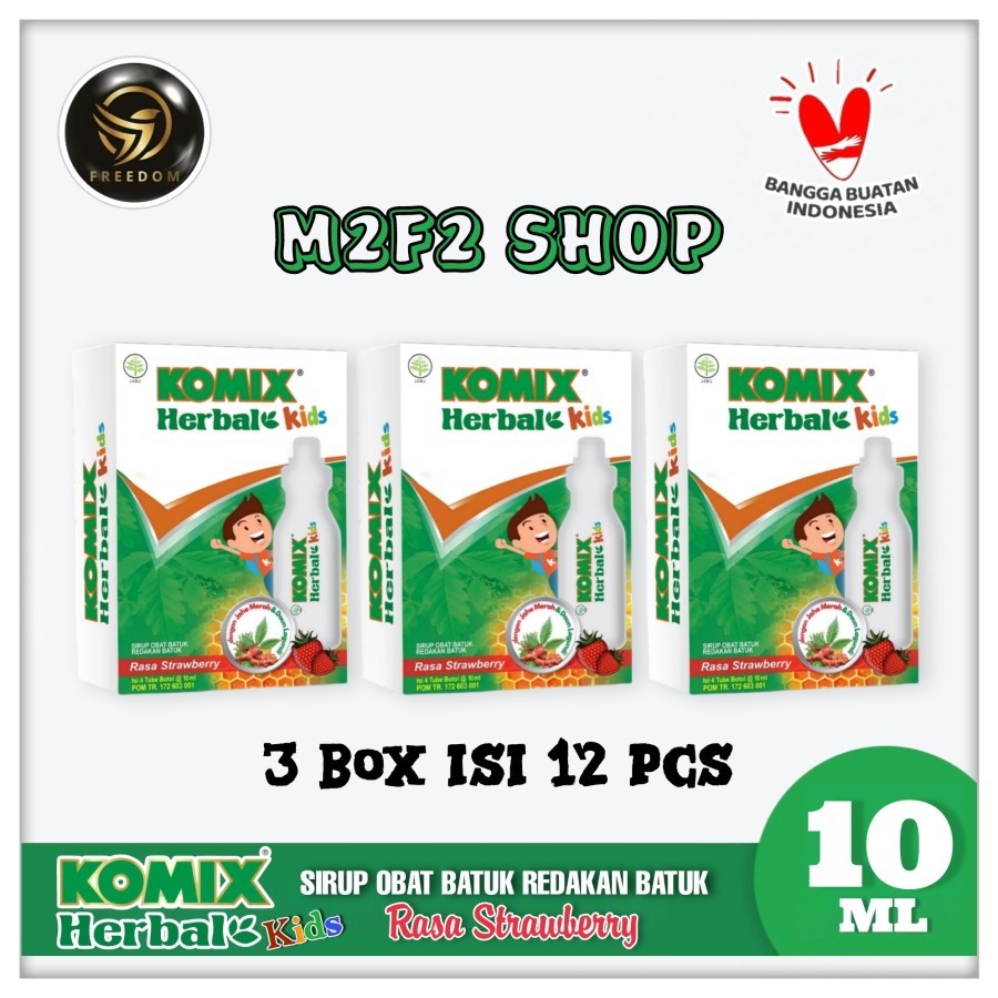 Komix Herbal Kids Sirup Obat Batuk Rasa Strawberry | Stroberi Tube Pet - 10 ml (Kemasan 3 Box)