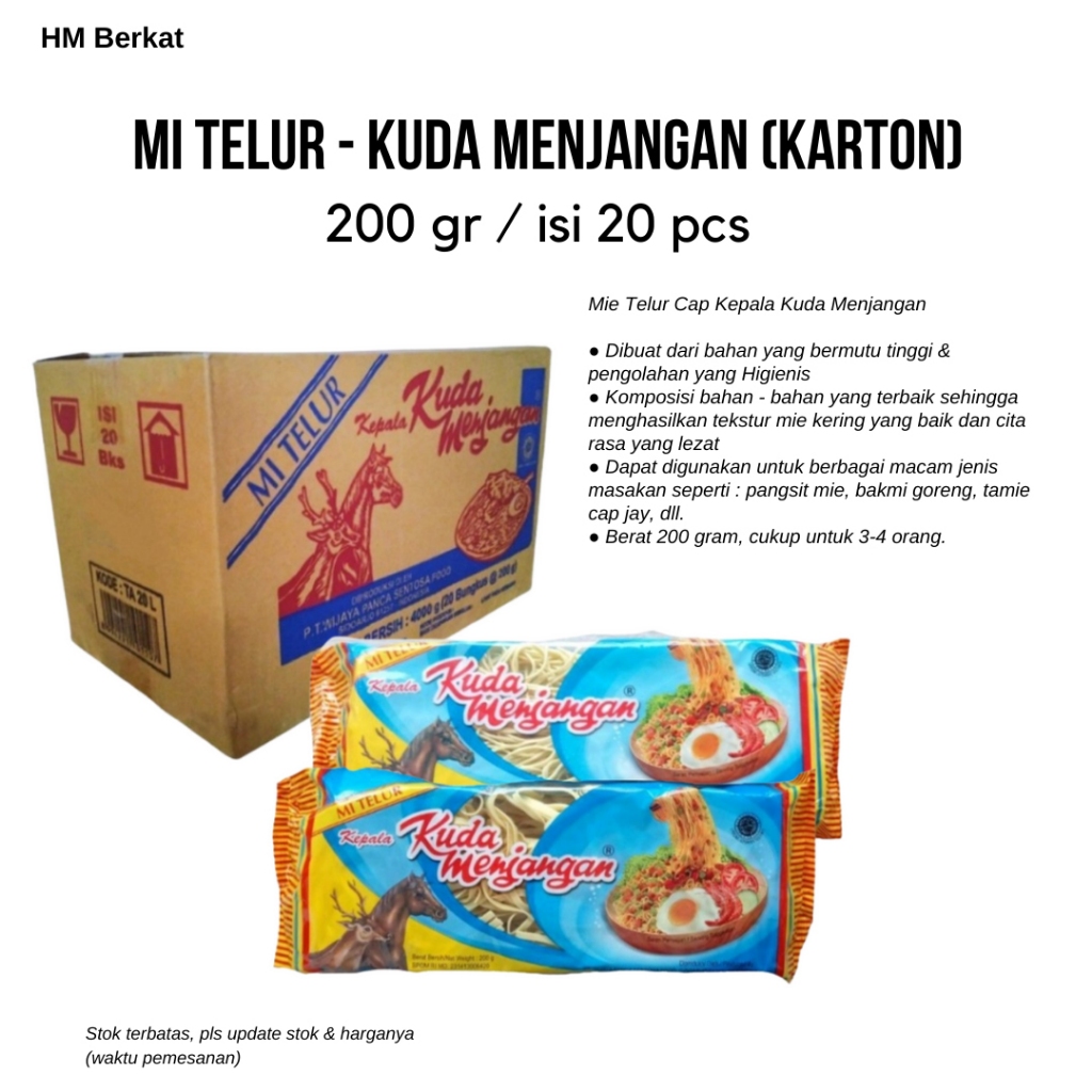 

Mie Telur Cap Kepala Kuda Menjangan 6.000,-/pack (Min Pembelian 5 pack)