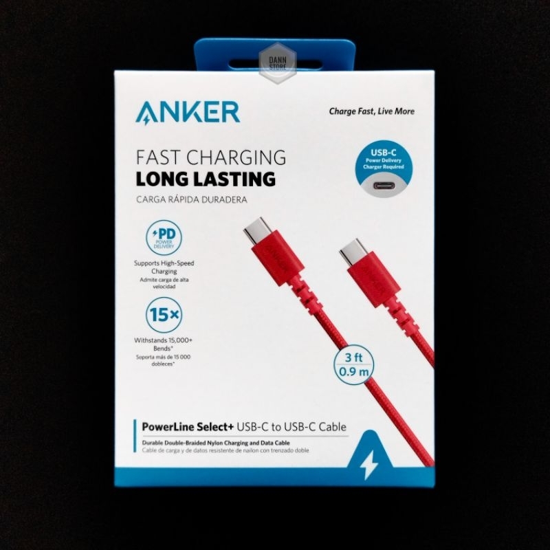 Kabel Data Charger Anker Powerline Select+ USB-C to USB-C 3A Power Delivery 60W Fast Charging 3ft - 