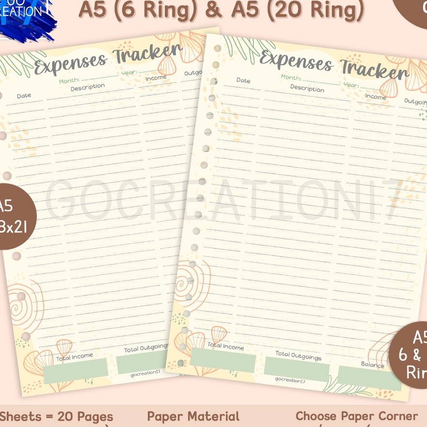 

KP8 Kertas Planner Isi Binder Expenses Tracker Motif Premium A5 ring 2 dan A5 ring 6