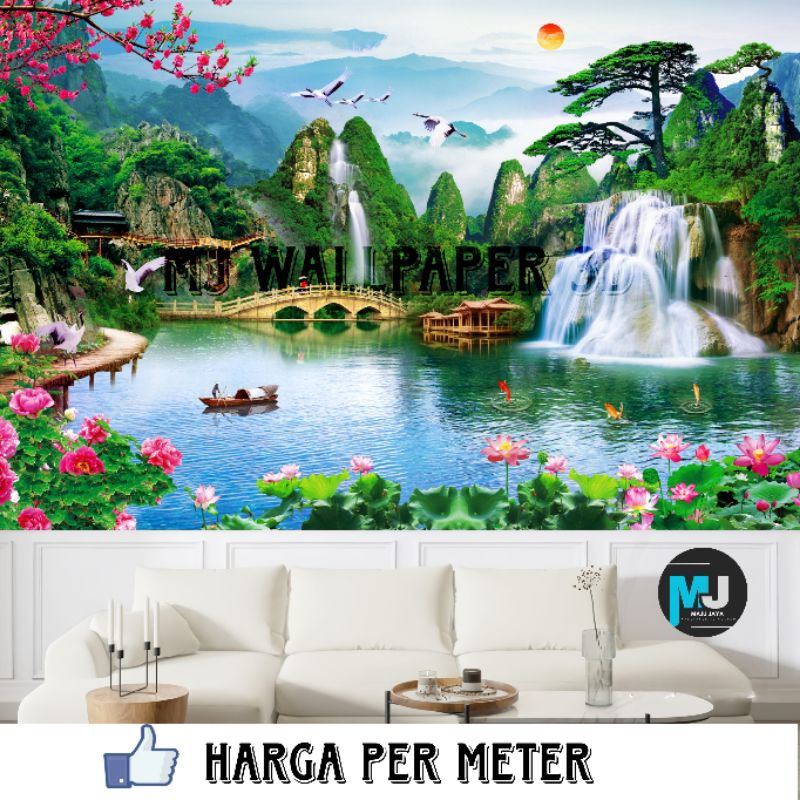 wallpaper dinding air terjun 3D, wallpaper custom 3D waterfall, wallpaper dinding 3d ruang tamu mini