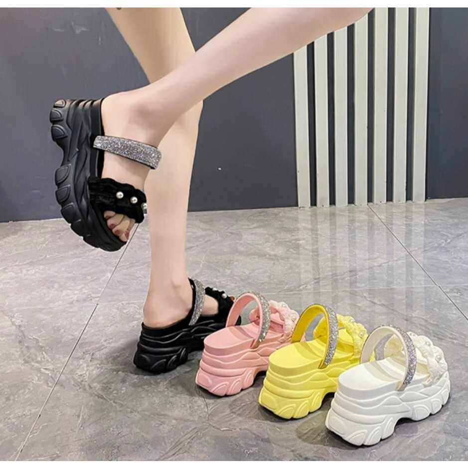 Bunga Sandal Selop Wanita Mutiara Permata Platform Tinggi 6cm Hitam Kuning Pink Putih (648)