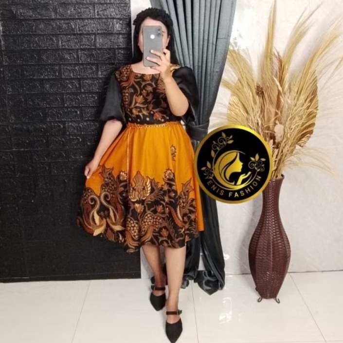 DRESS BATIK PREMIUM LAPIS TRIKOT AMANDA BJ157 LENGAN BALON KOMBINASI MAXMARA UNTUK KONDANGAN KERJA G
