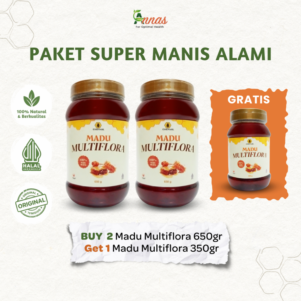 

Madu Murni Asli 100% - Paket Manis Alami 2 Botol Madu 650gr + 1 Botol Madu 350gr - Madu Multiflora Essenahl