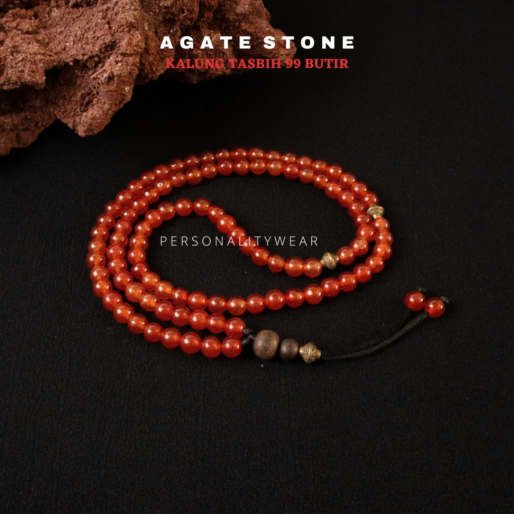 Kalung Tasbih Tasbeh Pria Wanita Keren 99 Butir Kecil Cantik Premium Batu Alam Agate Merah Delima Si