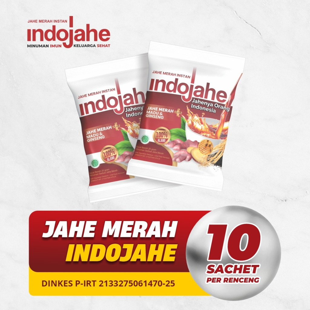 

INDOJAHE Indonesia Jahe Merah Premium isi 10 sachet Pelega Tenggorokan Penghangat Badan ( Wedang Jahe plus Madu Murni Rempah ) 1 renteng