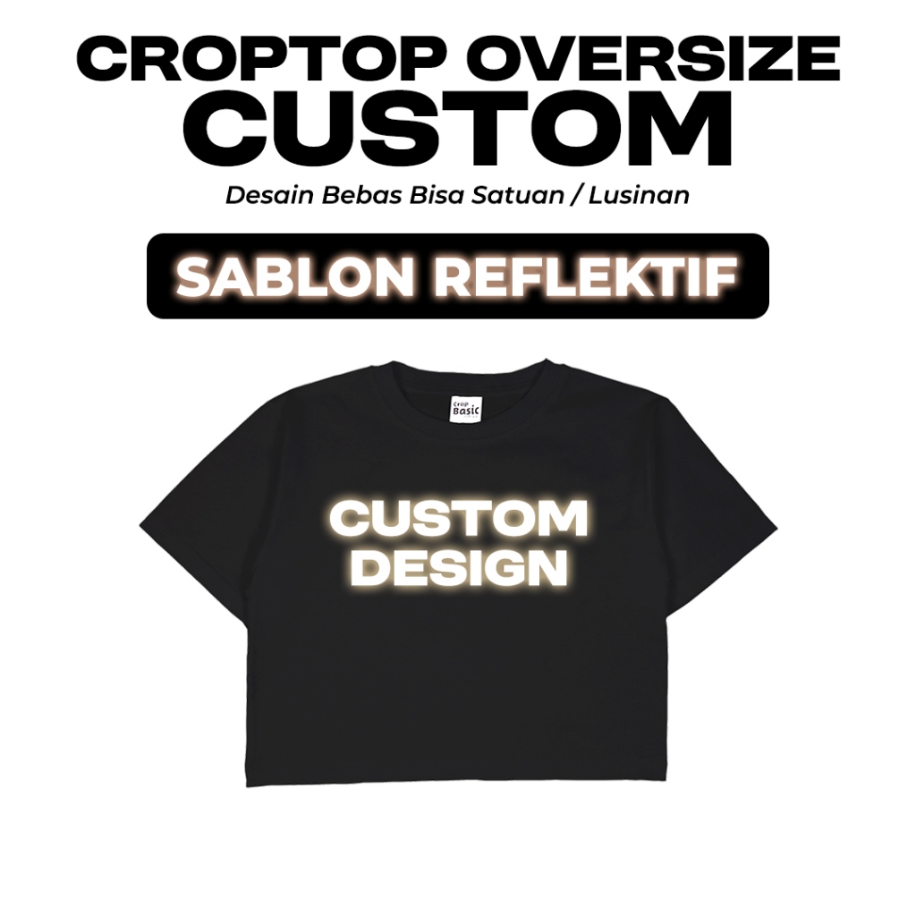 Kaos Crop Top Oversize Custom Sablon Reflective Silver Satuan Reflektif Atasan Crop Wanita Korean St