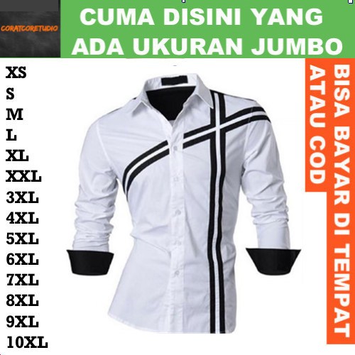 CORATCORETUDIO Hem Cowok Kemeja Pria Jumbo Big Size Lengan Panjang Sablon Garis Garis Bordir PUTIH K