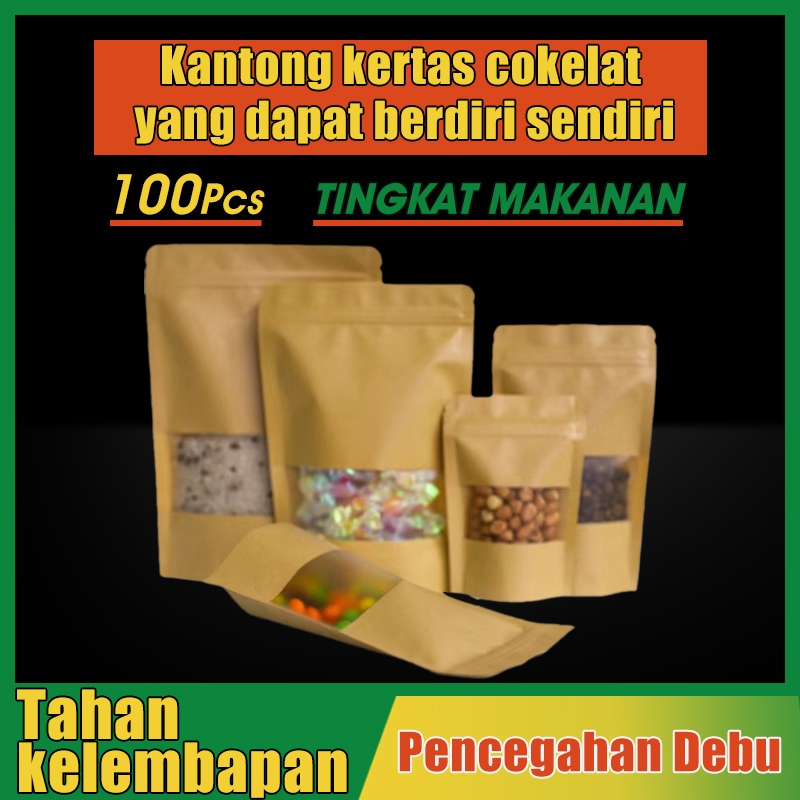 

100pcs Tas Kertas Berdiri dengan Jendela Transparan, Kantong Penyegelan, Kantong Ritsleting, Kemasan Camilan, Kantong Ritsleting dengan Jendela, Bahan Kertas