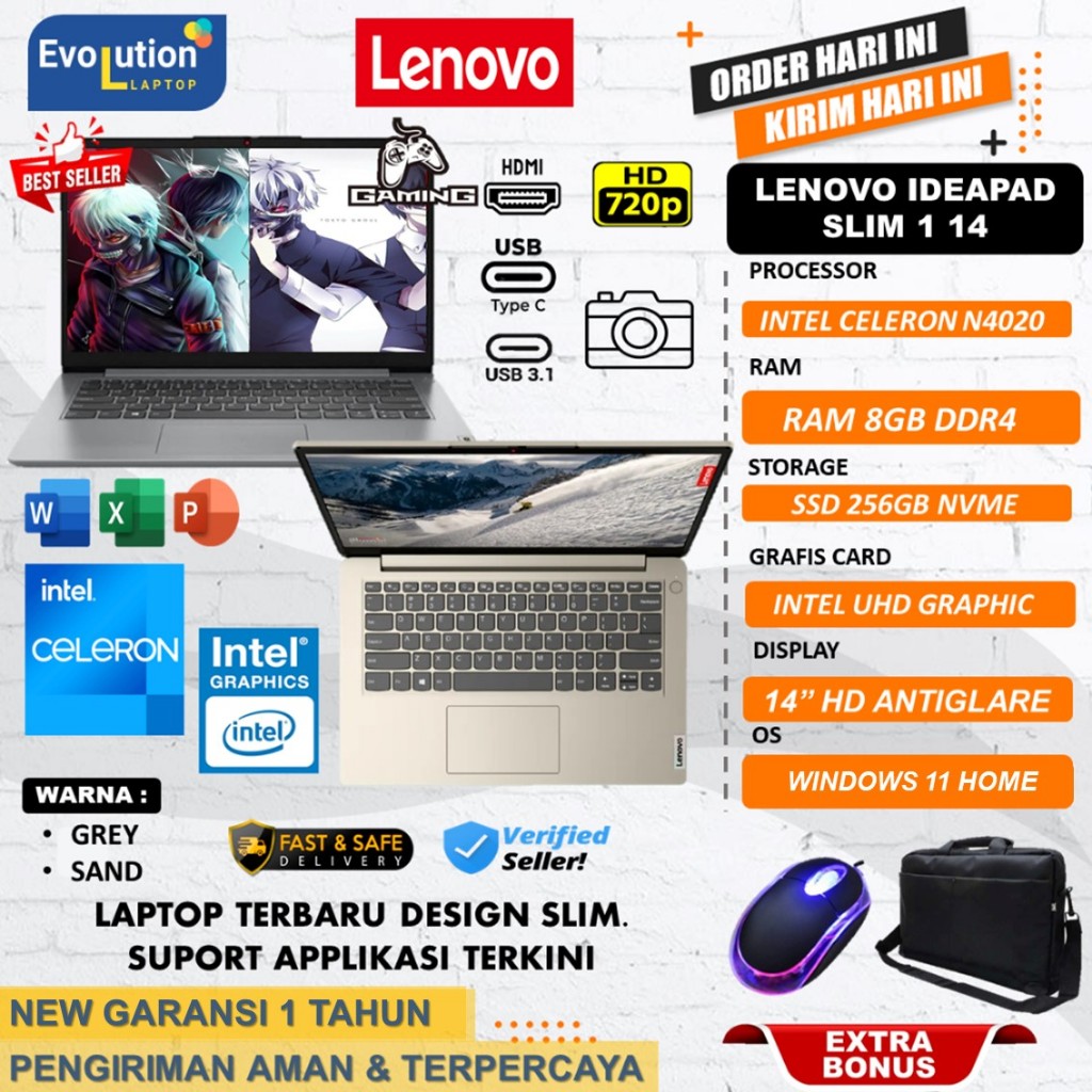 Laptop Baru murah Lenovo Ideapad Slim 1 14 INTEL N4020 8GB 256GB SSD WIN11HOME