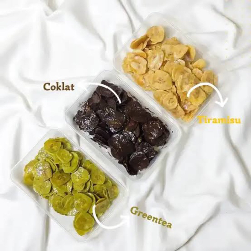 

BANANA.CHIPS07- 200gr Keripik Pisang Lumer Crispy (Coklat,Matcha,Tiramisu,Taro) Toping: Keju,oreo,coklat parut