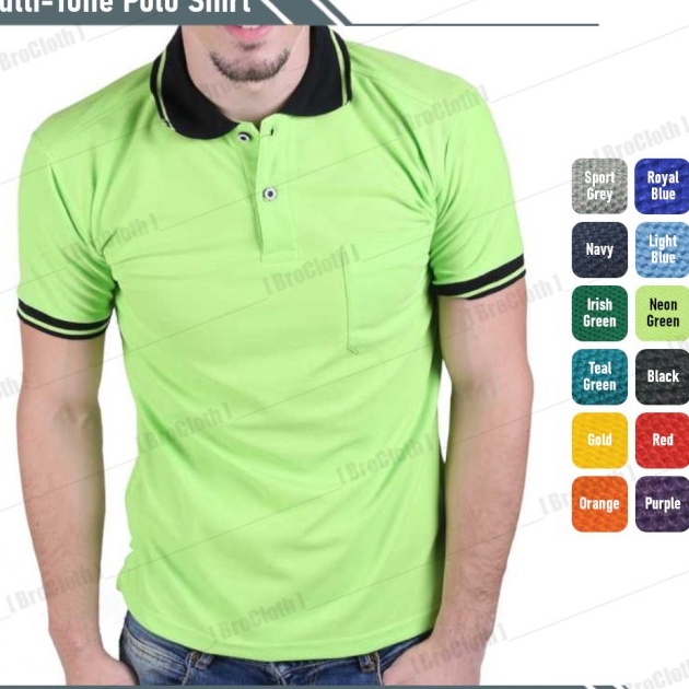 New Kaos Polo Shirt Hijau Stabilo Lis Hitam Lengan Pendek  Neon Green S