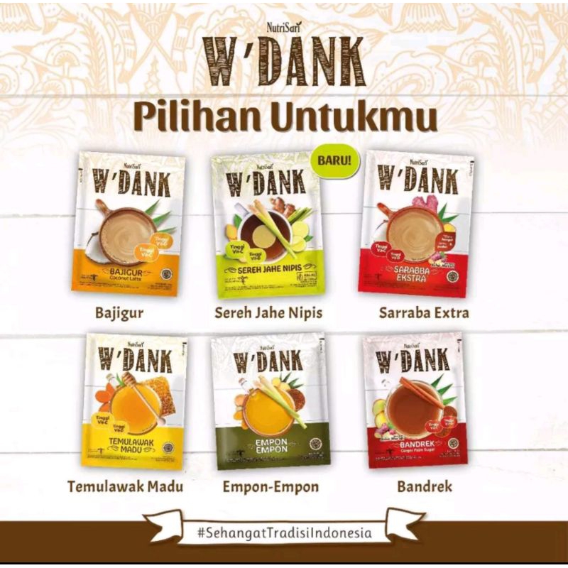 

W'DANK Nutrisari Wedang (10 Sachet) W'dank Bajigur / Temulawak Madu / Coconut Latte / Ginger Palm / Bandrek / Wedang Empon / Minuman Rempah / Bajigur Instan / Minuman Instan Tradisional / Temulawak / Sereh Jahe Nipis / Empon / Wedank Sereh Jahe Nipis