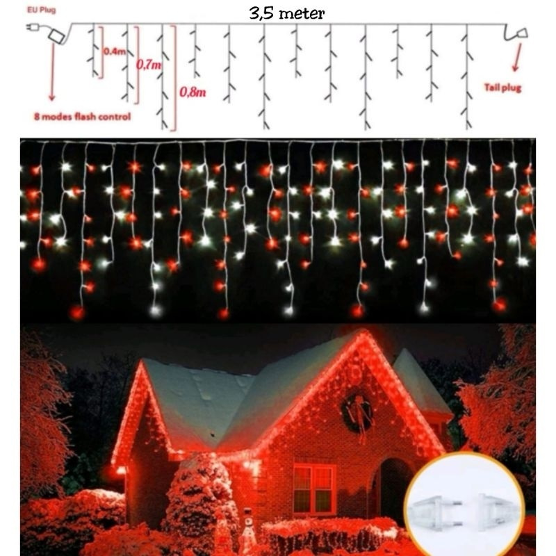 Lampu Tirai Rumbai Aesthetic merah putih / Lampu Hias Tirai Rumbai 3,5 M / Lampu Hias Rumah Tirai