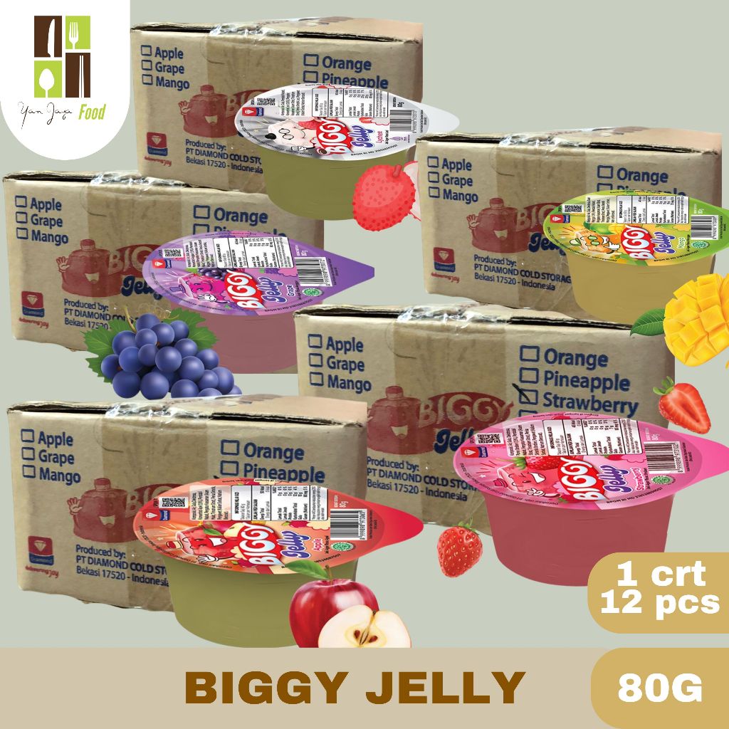 

Puding Jelly / Biggy Jelly / Agar Jelli / Diamond Leci / Mango / Grape / Strawberry/ Apel 80g 1 CARTON/12PCS