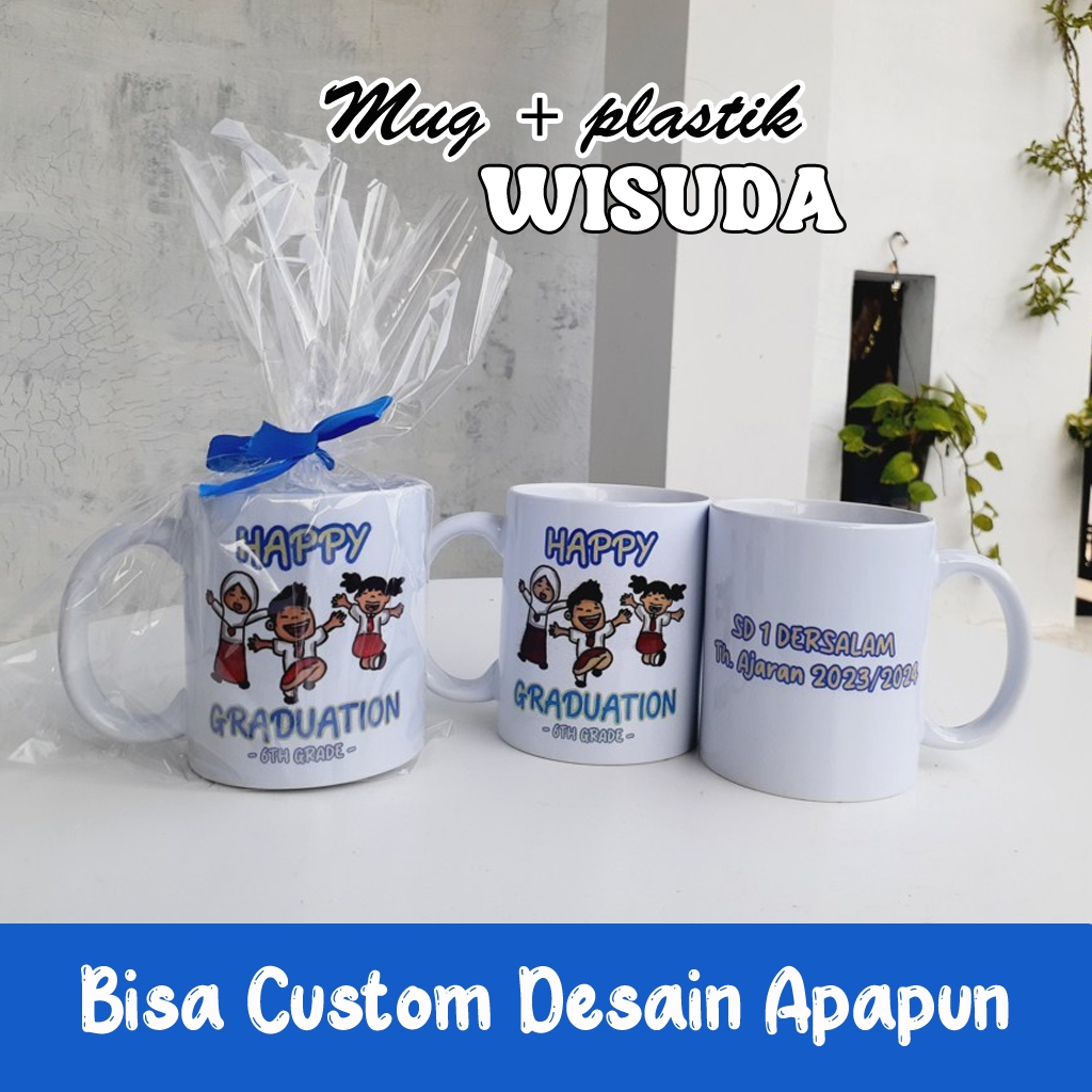 Souvenir Mug Wisuda Custom Desain Sablon sudah plus Plastik Custom