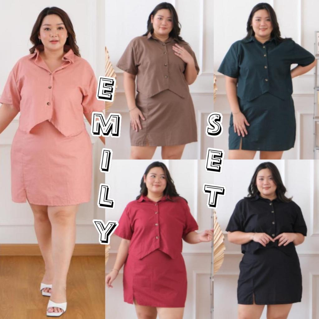 EMILY SETELAN TOP BLOUSE + MINI SKIRT WANITA BIGSIZE MATERIAL LINEN FIT TO XXL (BISA BUSUI) JUMBO BI