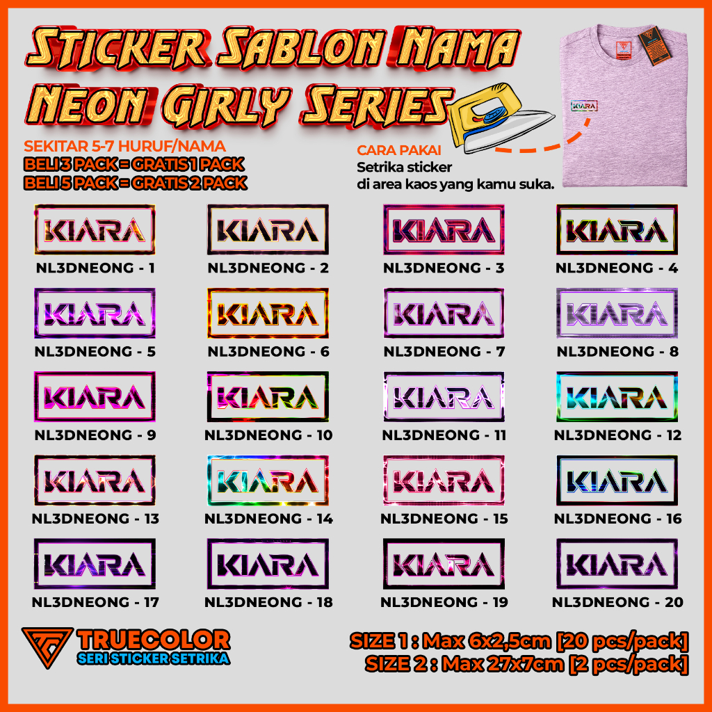 

TRUECOLOR (2 Size) Sticker Label Nama Kaos, Sablon Setrika Custom Nama dan Kata – NEON GIRLY Series