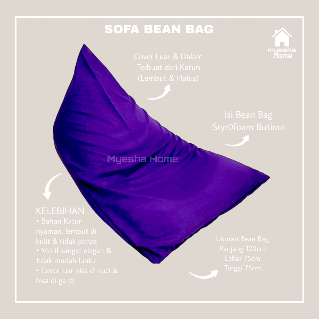 Sofa Bean Bag Triangel Warna Ungu (TERMASUK ISI + COVER LUAR + COVER DALAM)