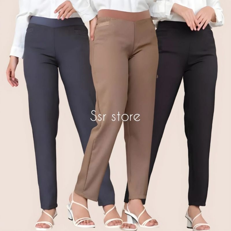 CELANA KAIN CELANA KERJA KANTOR WANITA JUMBO PINGGANG KARET BAHAN WOL GRASELLA STREAC IMPORT PREIMUM