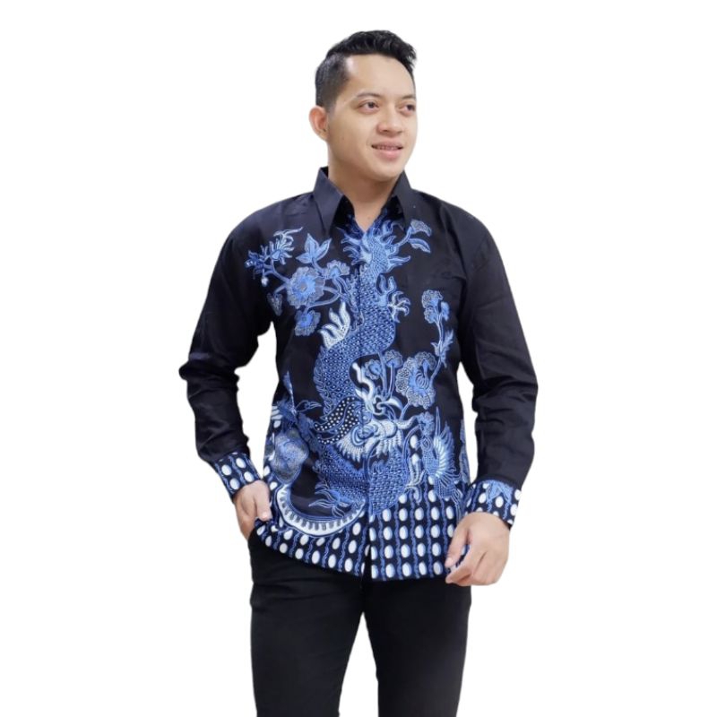 Batik Pria Premium Naga Biru Lengan PENDEK panjang Naga blue Slim Fit Keris Modern Premium Baju Atas