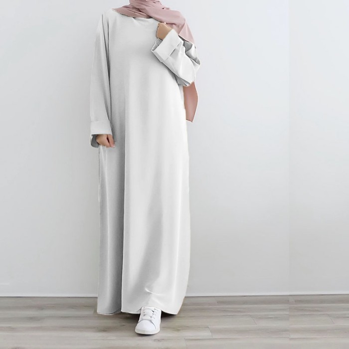 ABAYA TURKI BUSANA MUSLIM  ABAYA GAMIS PUTIH POLOS DENGAN HIASAN DILENGAN SIZE S M L XL XXL