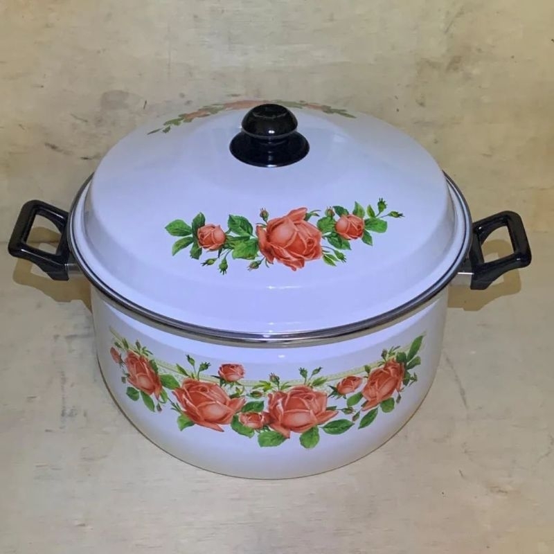 Panci enamel stock pot motif bunga 30cm & 34cm  / panci oriental ideal / panci bunga
