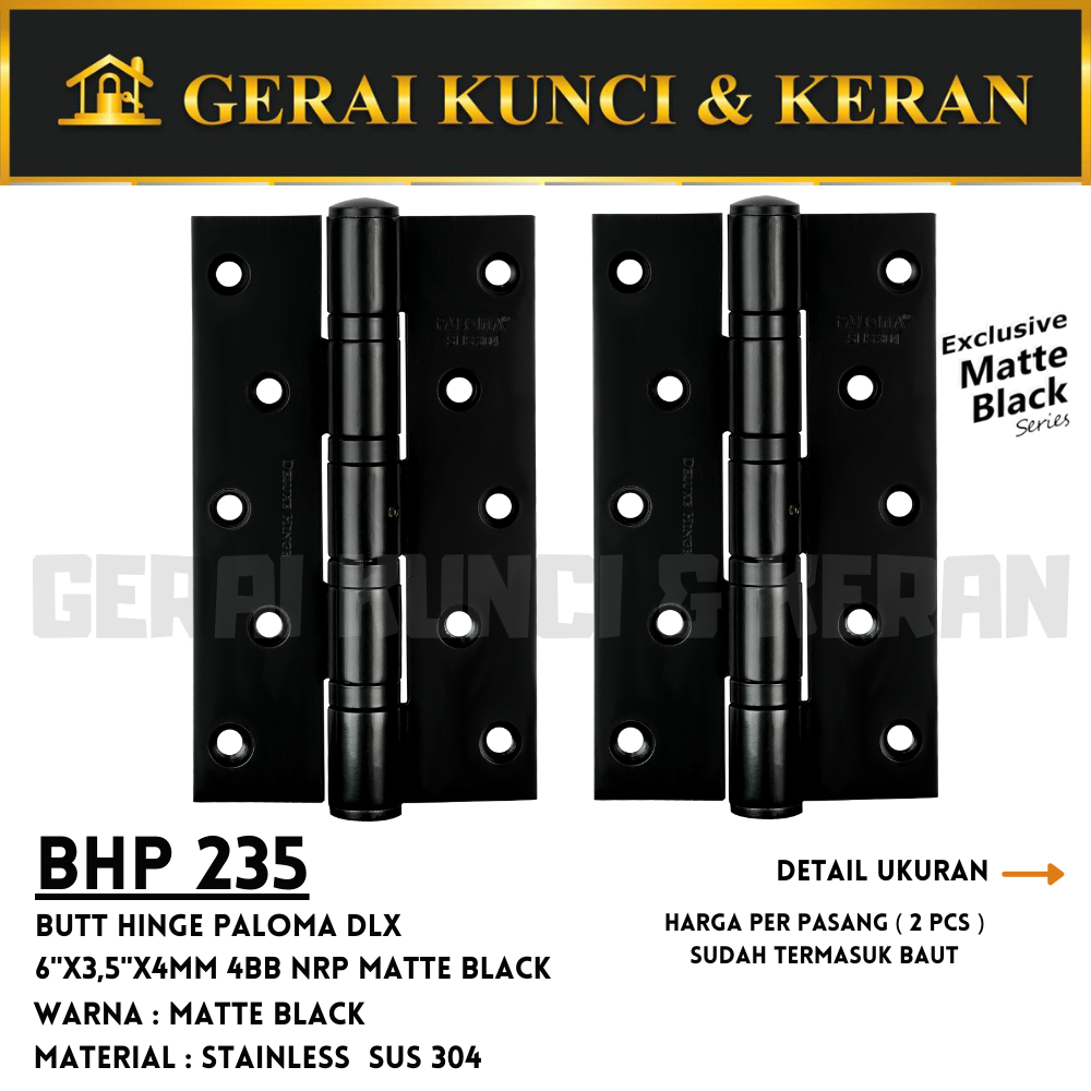 PALOMA BHP 235 6"X3.5X4MM 4BB NRP BLACK MATTE HINGE Engsel Pintu HITAM