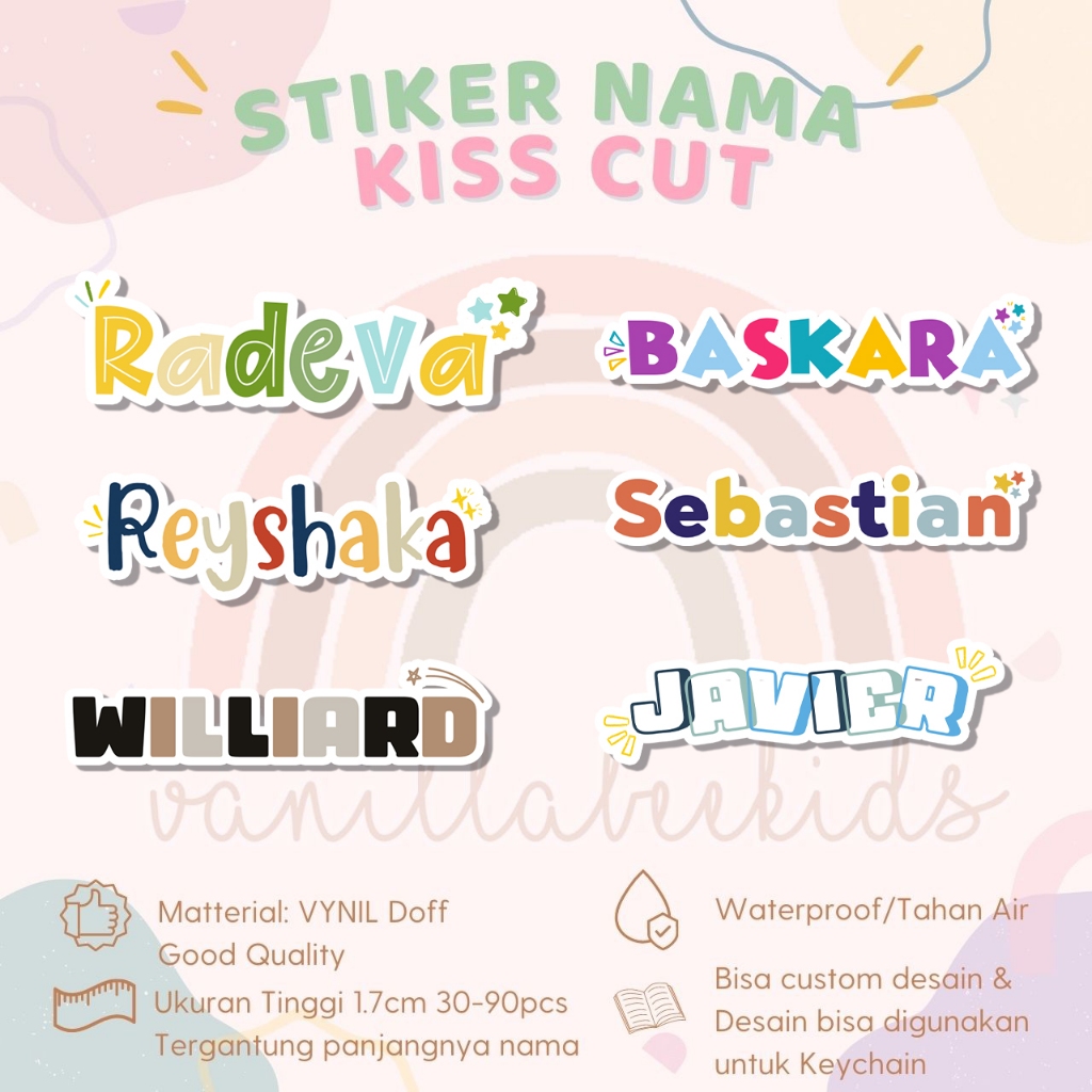 

Stiker Kiss Cut CUTE FONT Label Nama Waterproof Tahan Air