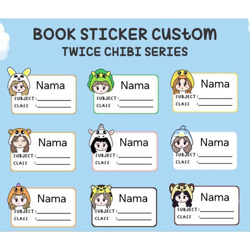 

PO 3-5 hari (Bentuk Kotak) Stiker Sticker Nama Anak untuk di tempel di buku tulis atau buku paket Pelajaran gambar Cewek Girl Twice Chibi