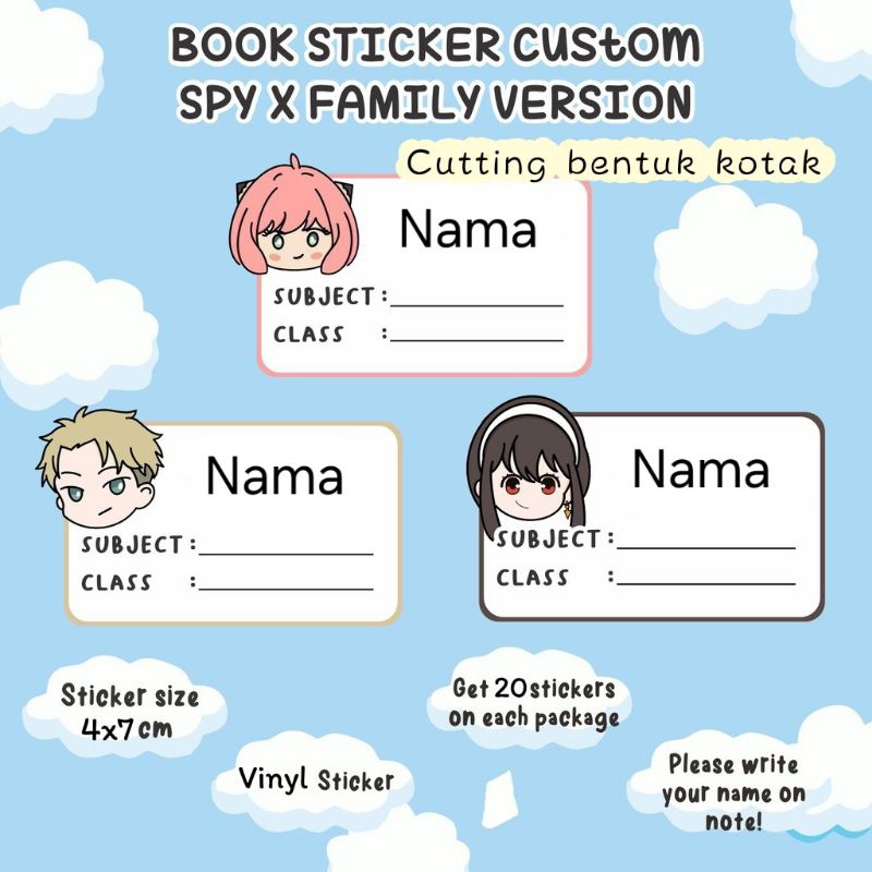 

PO 3 hari (Bentuk Kotak) Stiker Sticker Nama Anak Spy X Family Anya Loid Yor Forger Untuk di tempel di buku tulis atau buku paket