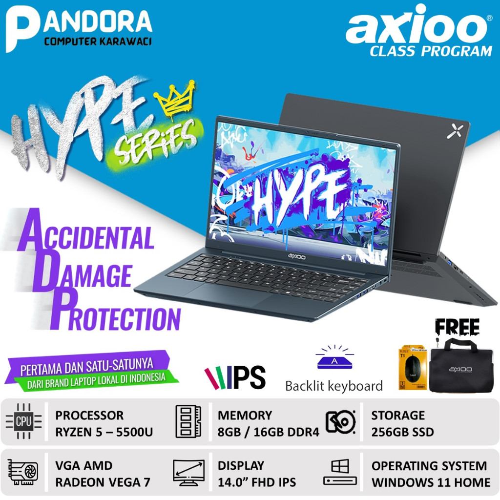 LAPTOP GAMING MURAH AXIOO HYPE 5 RYZEN 5 16GB 256GB WIN11 14"FHD IPS BARU