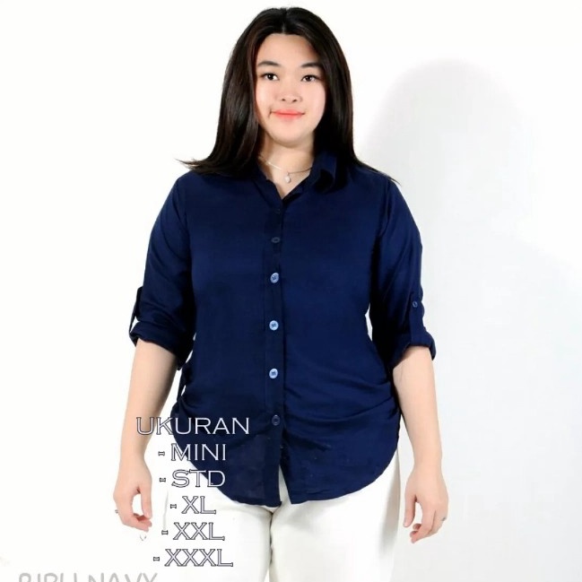 Kemeja Wanita Polos Navy Biru Tua Katun Rayon Adem Lembut Size MXXXL  M