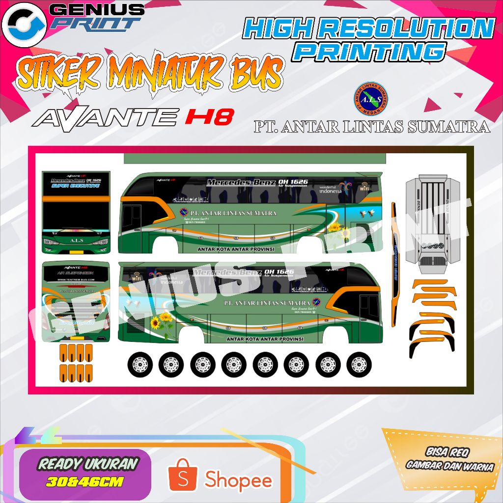 Stiker Mainan Miniatur Bus Avante H8 Sumatra Livery ALS | ANG | Makmur | Medan Jaya | Paimaham | Pal