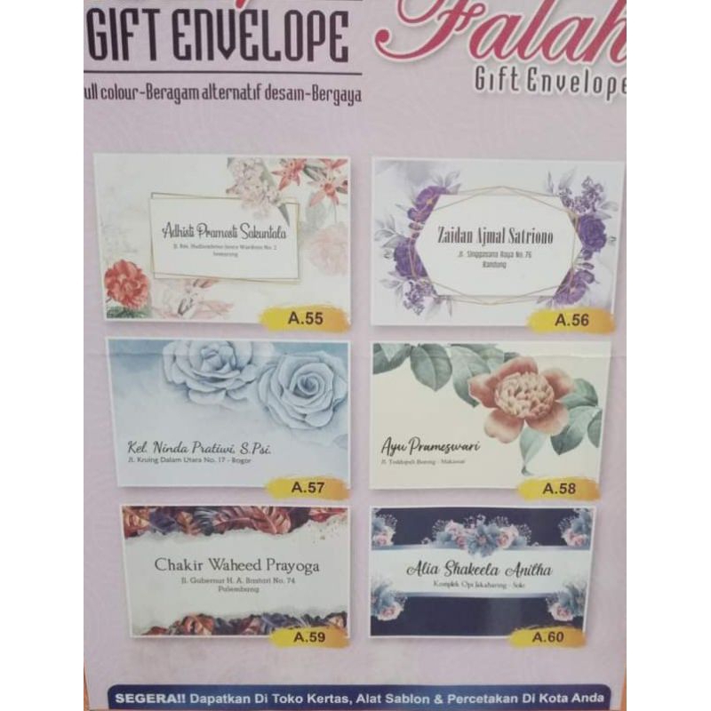 

amplop kostum ukuran kecil uang di lipat...1 bok isi 50pcs free cetak nama n alamat sudah ada perekatnya...