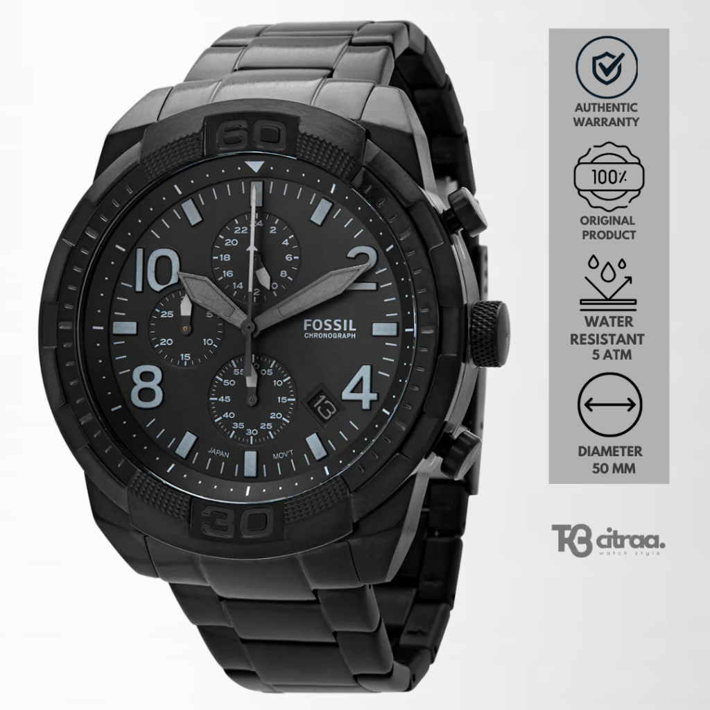 jam tangan fashion pria fossil men Bronson analog strap rantai cowok Chronograph hitam stainless ste