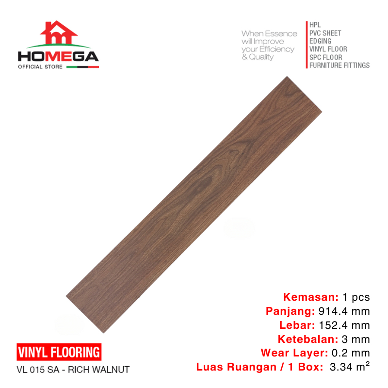 HOMEGA VINYL Flooring - Lantai Kayu Parket Parkit Parquet Stiker - Tekstur Wood Rich Walnut - 1 Pcs