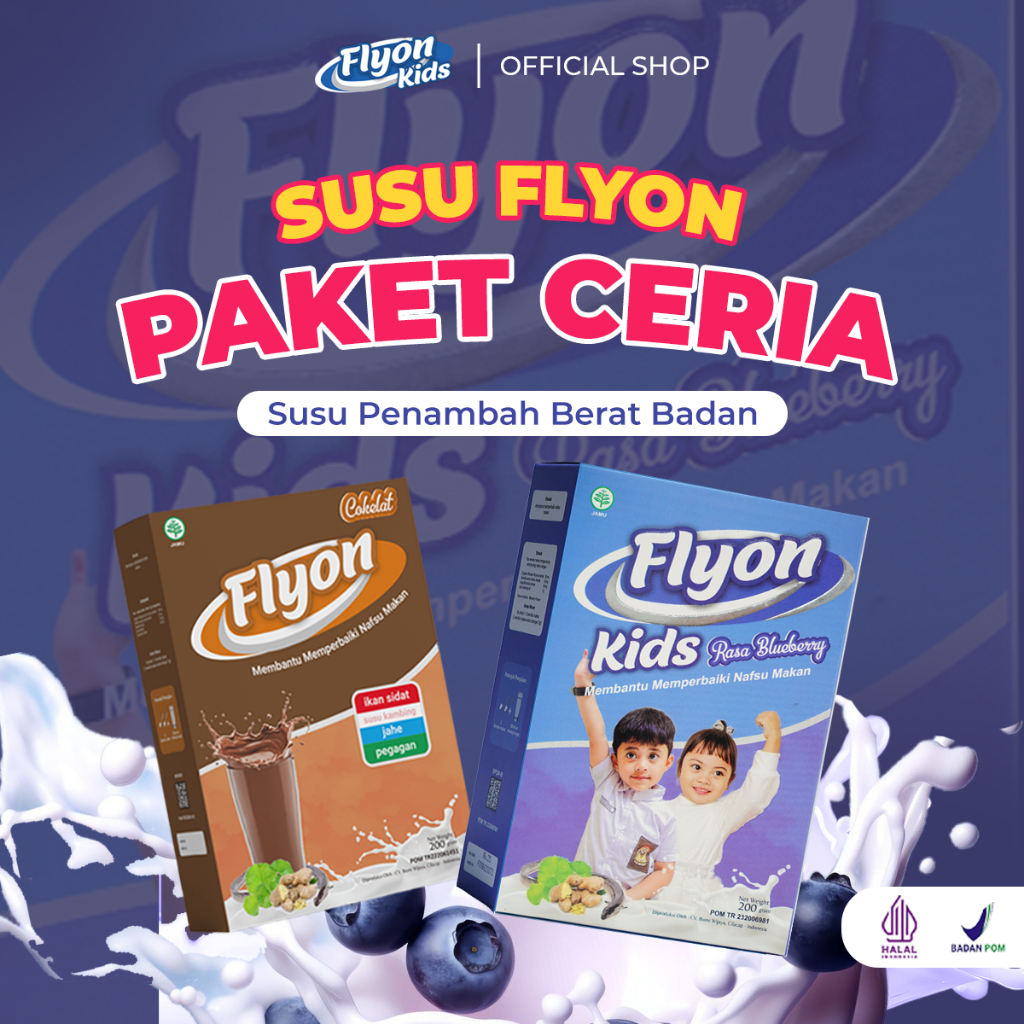 

NEW PACKAGING Susu Flyon Paket Box Isi Paket = 1 Box Flyon Coklat + 1 Box Flyon Kids Blueberry - Susu Flyon Penggemuk Badan