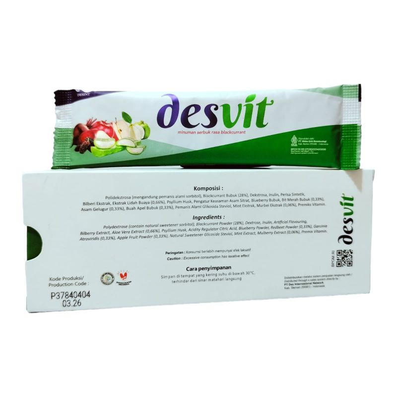 

DESVIT 1 BOX ISI 5 SACHET MINUMAN SERBUK KESEHATAN RASA BLACKCURRANT ORIGINAL DESINTDistributor Resmi PT. Des Internasional Network."Produk Jaminan 100% Original"No KW... No Tipu-Tipu...!!!Ingin memiliki Berat Badan Ideal Gak Harus Ribet. Tinggal Seduh