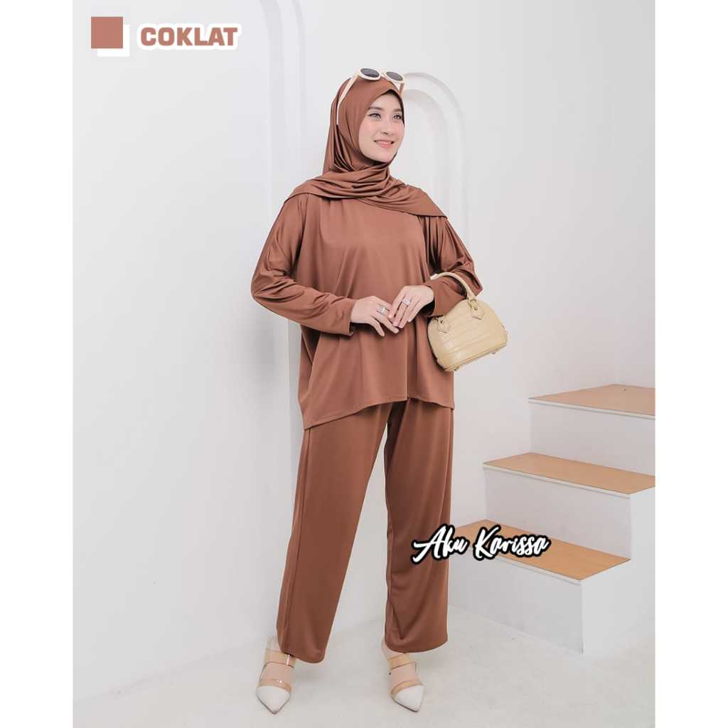 Cindiya one set by Aku karissa 100% Original / atasan tunik setelan celana polos rayon popcorn tali 